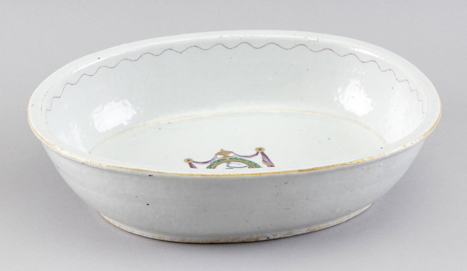 CHINESE EXPORT ARMORIAL PORCELAIN OVAL SERVING DISH Mid-19th Century Height 3”. Length (1 of 2)
