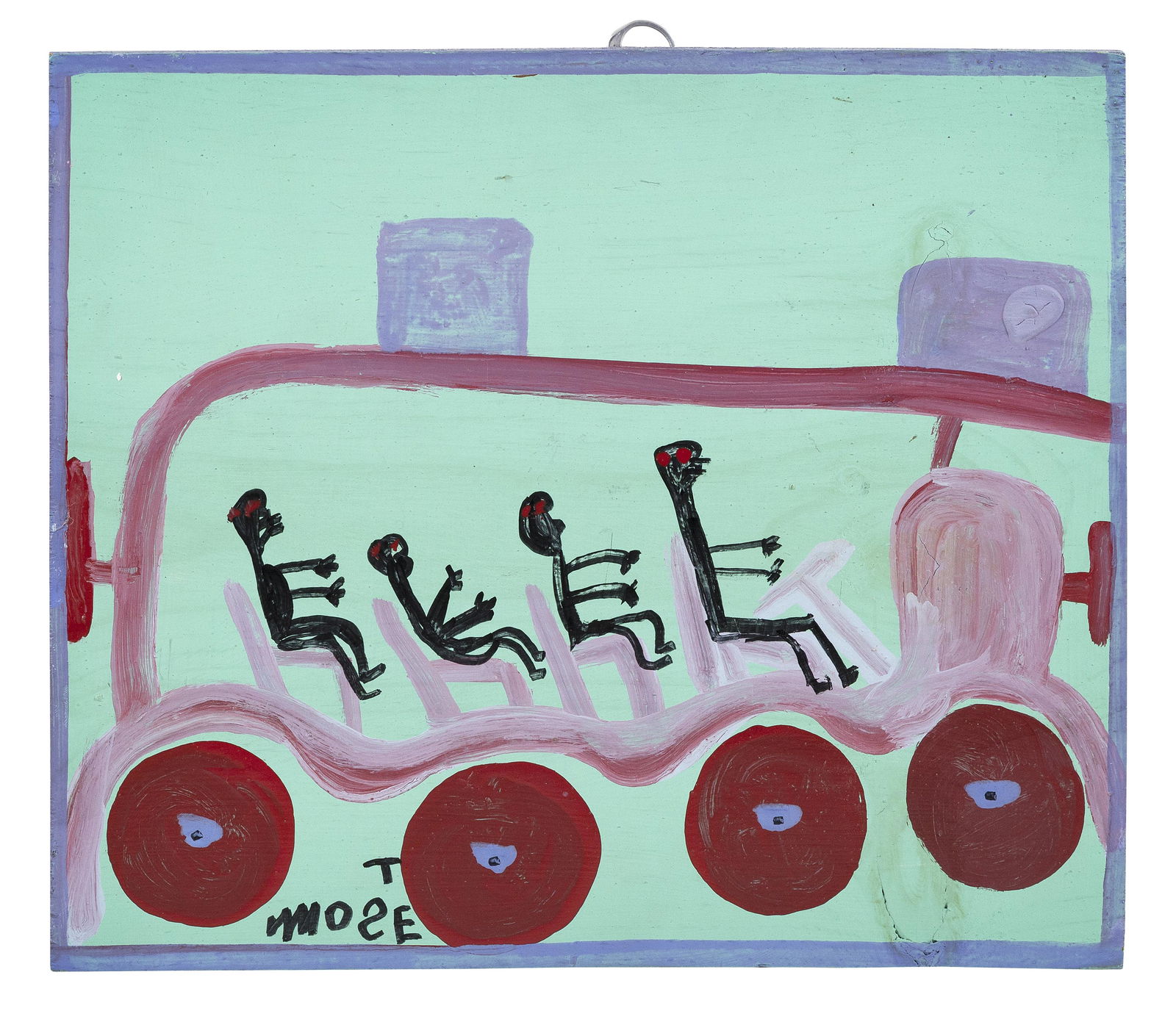 MOSE TOLLIVER (Montgomery, Alabama, 1920/25-2006), Four figures on a bus., Oil on pine block, (1 of 2)