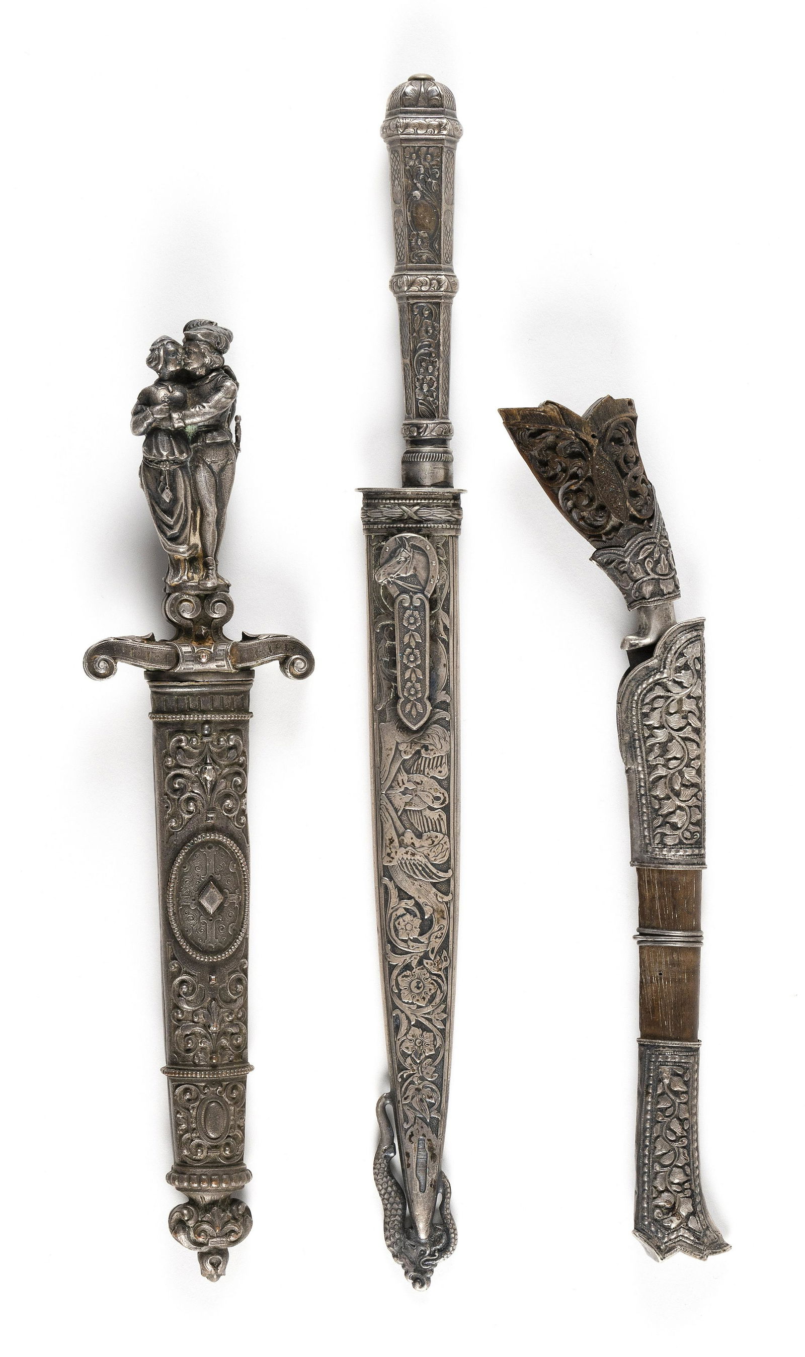 THREE SHEATHED SILVER DAGGERS 19th Century Lengths from 10” to 13”. (1 of 2)