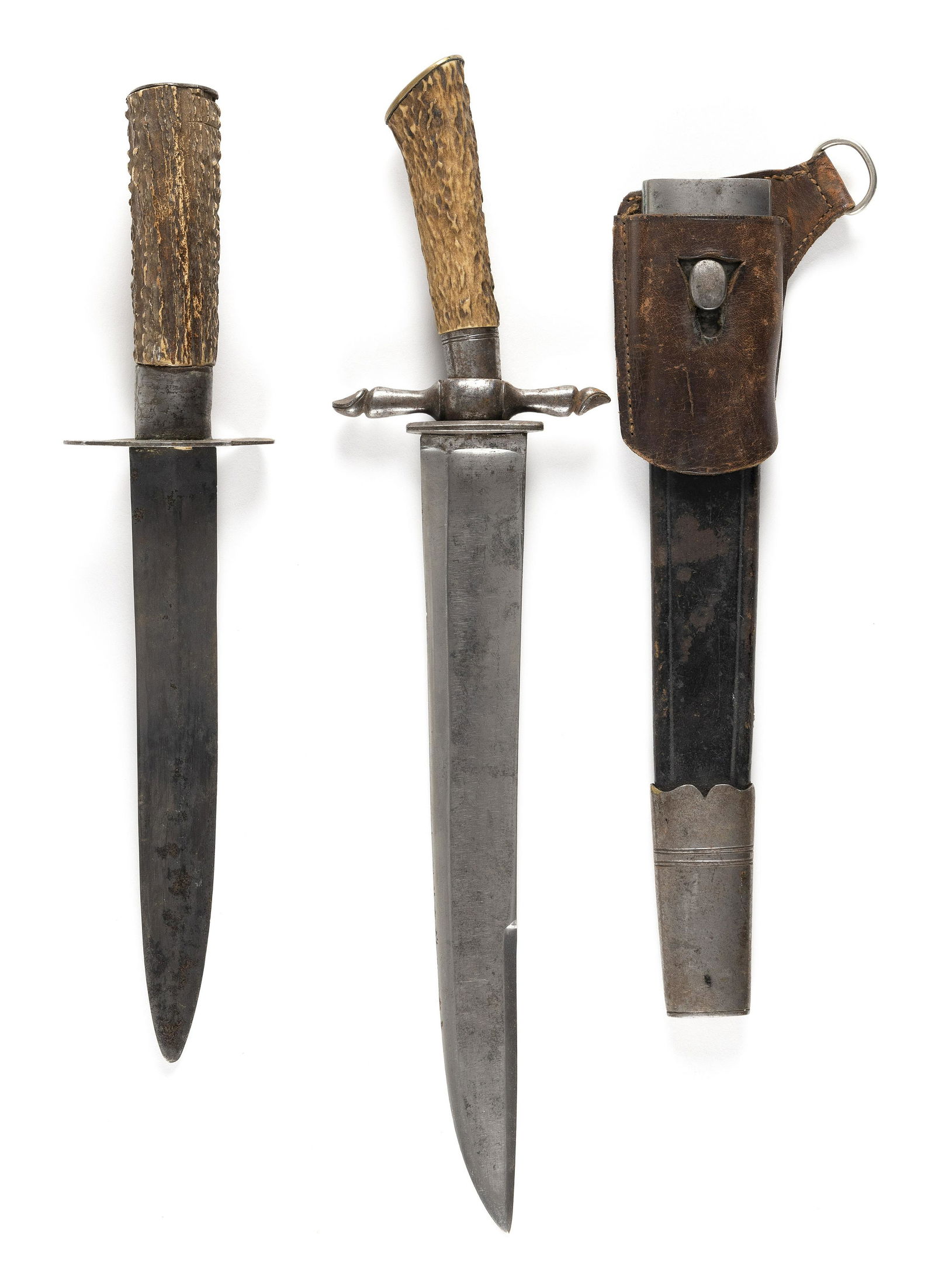 TWO STAGHORN-HANDLED HUNTING KNIVES Late 19th/Early 20th Century Lengths 12" and 15”. (1 of 1)