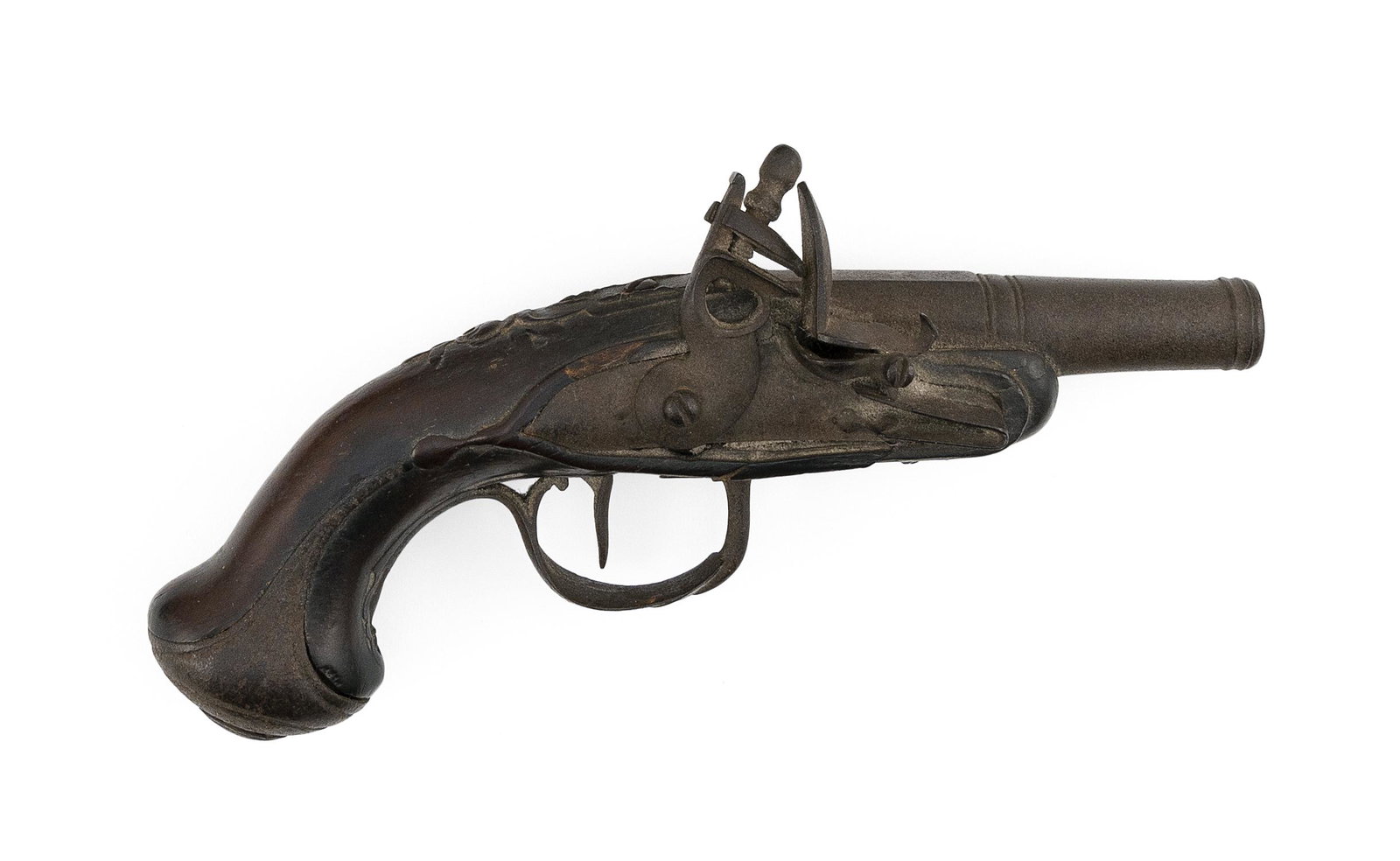 CONTINENTAL FLINTLOCK PISTOL Late 18th Century Length of barrel 3”. Total length 7”.: CONTINENTAL FLINTLOCK PISTOL Late 18th Century Approx. .41 cal. Carved rose decoration. Length of barrel 3”. Total length 7”.