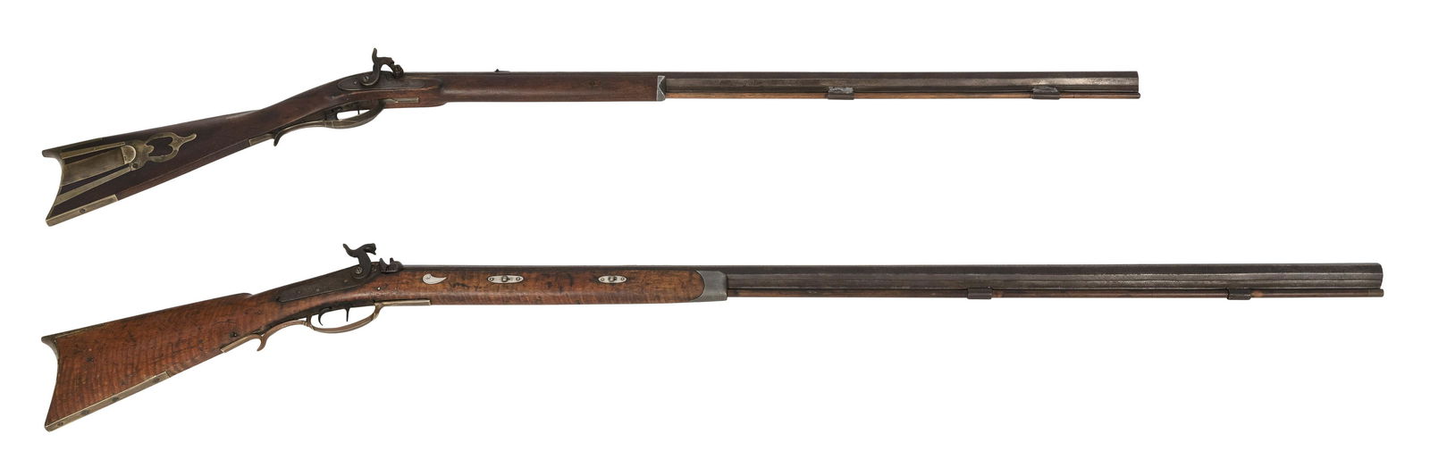 TWO HALF STOCK PERCUSSION RIFLES 19th Century Lengths 51” and 56”. (1 of 1)