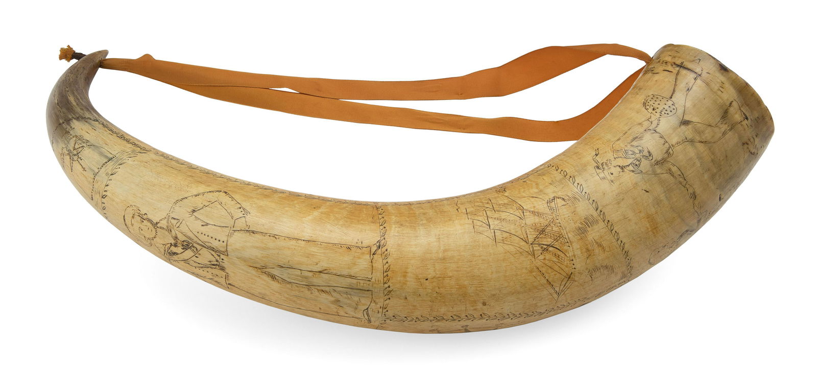 LARGE DECORATED STEER HORN Scotland/America, Late 18th Century Length 25". (1 of 2)