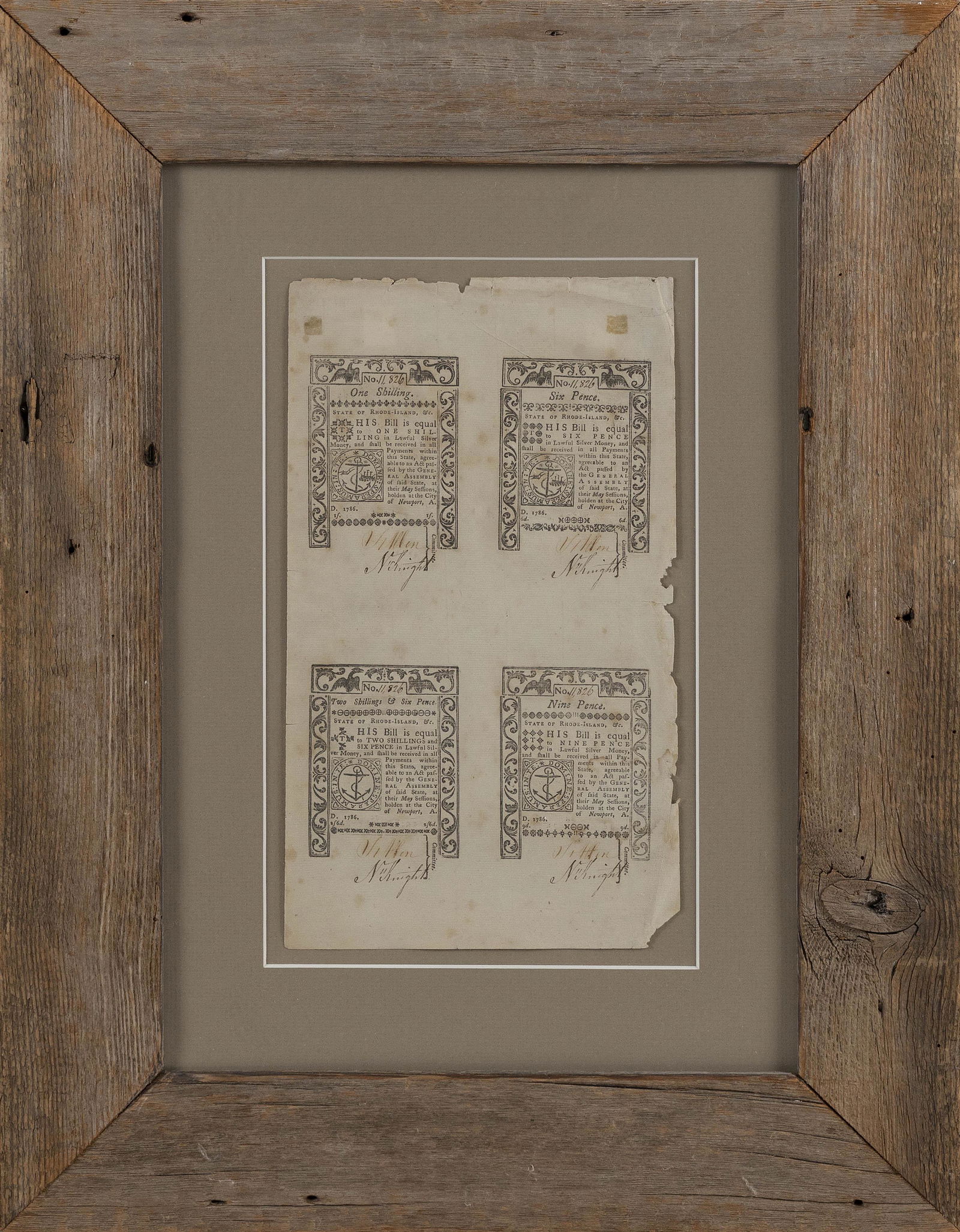 UNCUT SHEET OF RHODE ISLAND COLONIAL CURRENCY NOTES 1786 Sheet size 12.25" x 6.75". Framed 22.5" x (1 of 2)