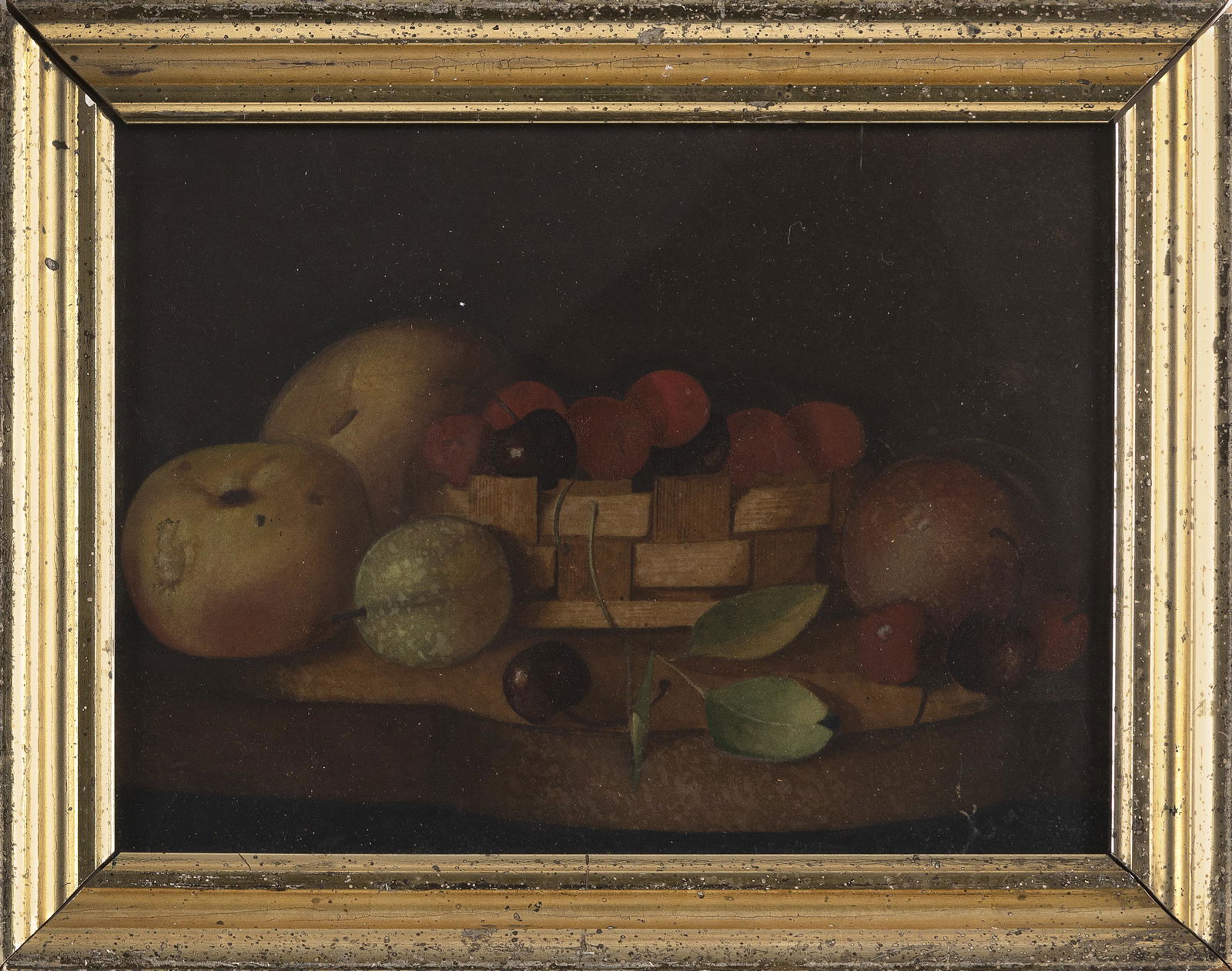 AMERICAN SCHOOL (19th Century,), Still life of fruit in a basket., Oil on paper, 9" x 11.5" sight. (1 of 1)