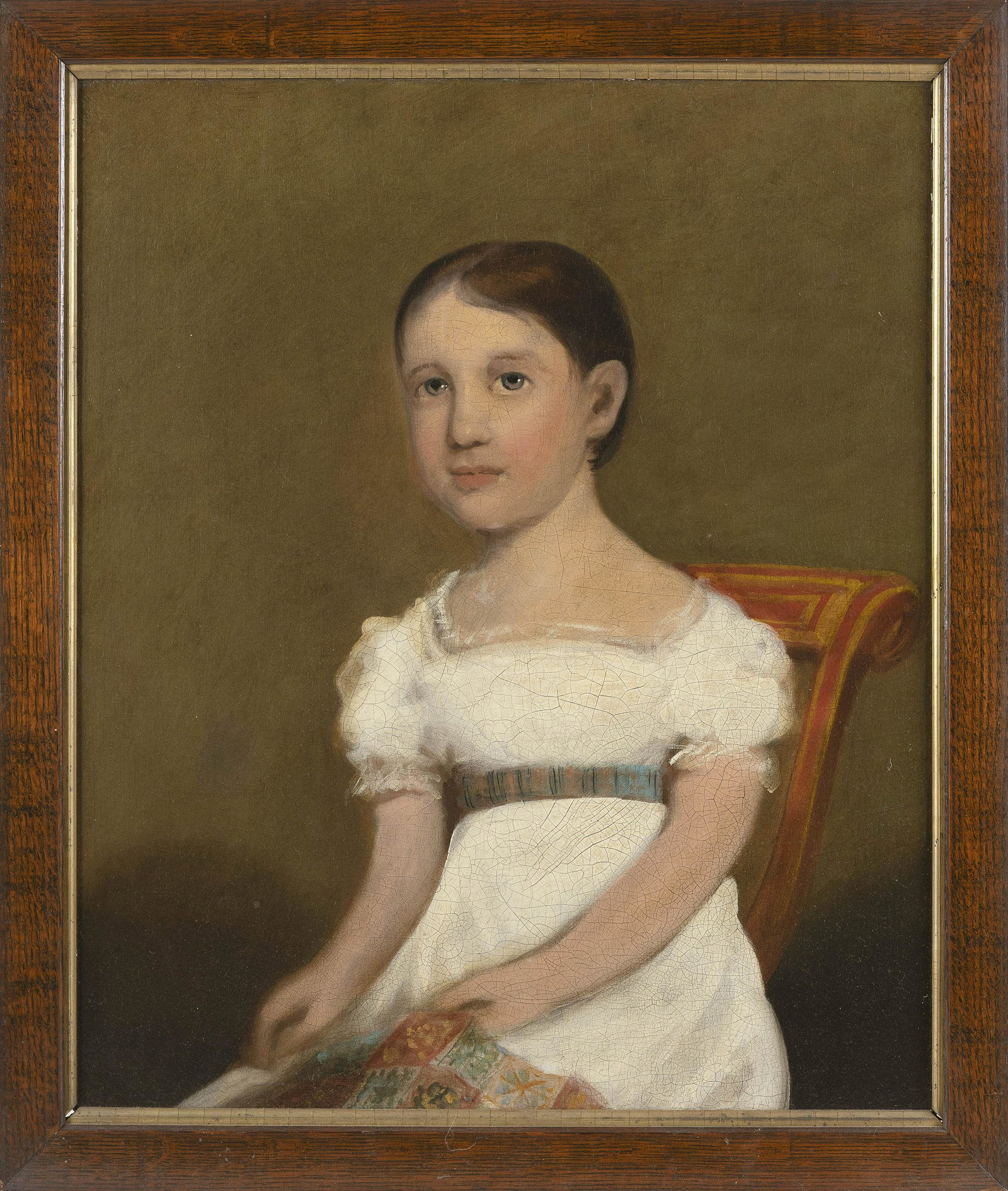 WILLIAM P. CODMAN (Massachusetts, d. 1831), "Sarah Ann Codman in her fifth year"., Oil on canvas,: WILLIAM P. CODMAN Massachusetts, d. 1831 "Sarah Ann Codman in her fifth year". Unsigned. Inscribed on note verso, "Sarah Ann Codman in her fifth year. Painted by her father Wm. P. Codma