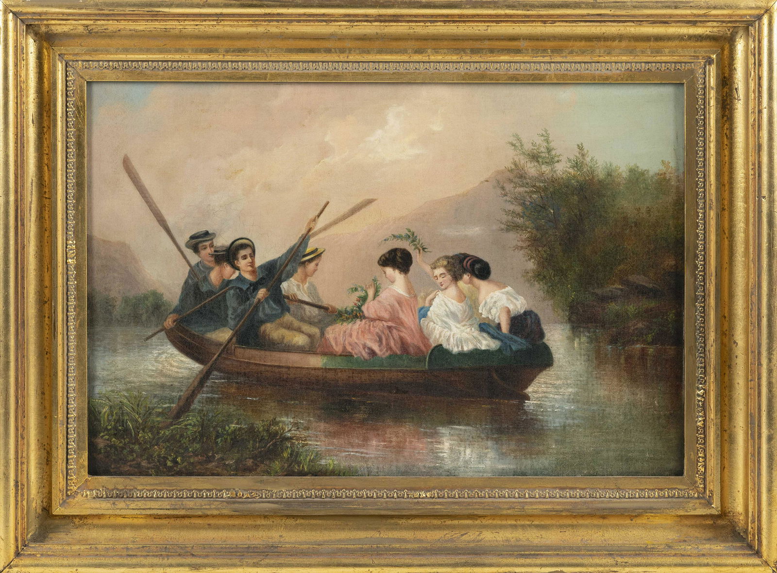 AMERICAN SCHOOL (19th Century,), Classical-style view of a boating party., Oil on canvas, 14" x 21". (1 of 2)
