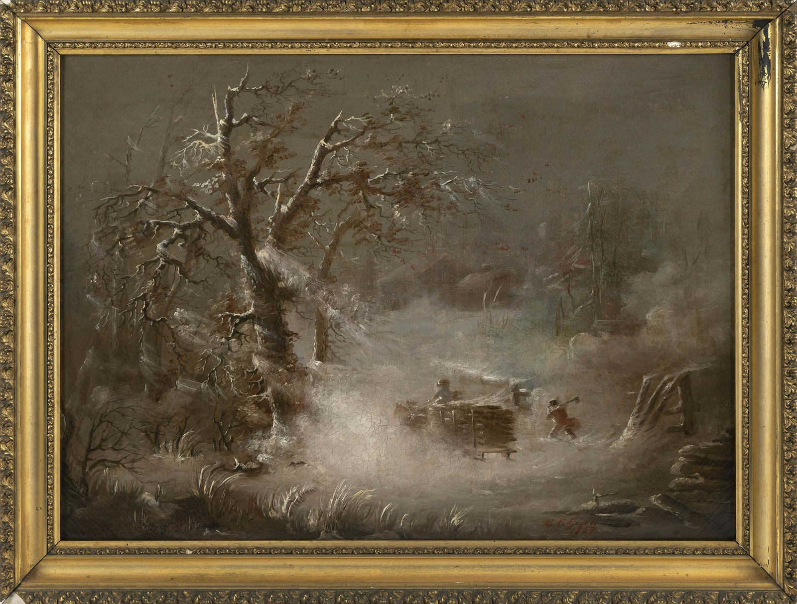 AMERICAN SCHOOL (Mid-19th Century,), Figures battling a winter storm., Oil on canvas, 22" x 30". (1 of 2)