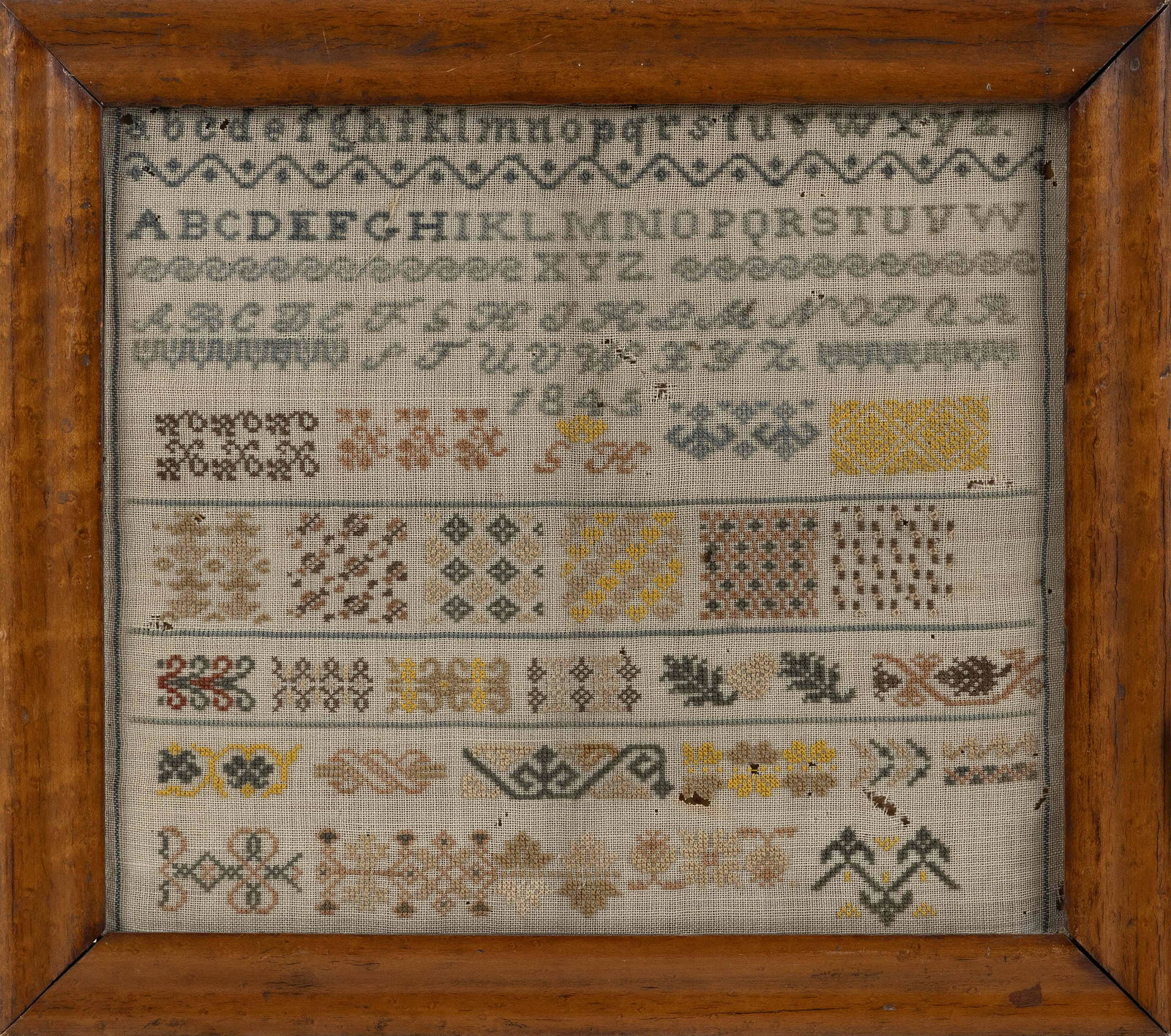 TWO NEEDLEWORK SAMPLERS Dated 1833 and 1845 Framed 19” x 18” and 14” x 16”. (1 of 4)