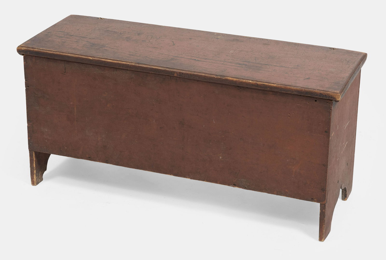 DIMINUTIVE BLANKET CHEST UNDER RED PAINT Dated 1818 Height 18”. Width 38.25”. Depth (1 of 3)