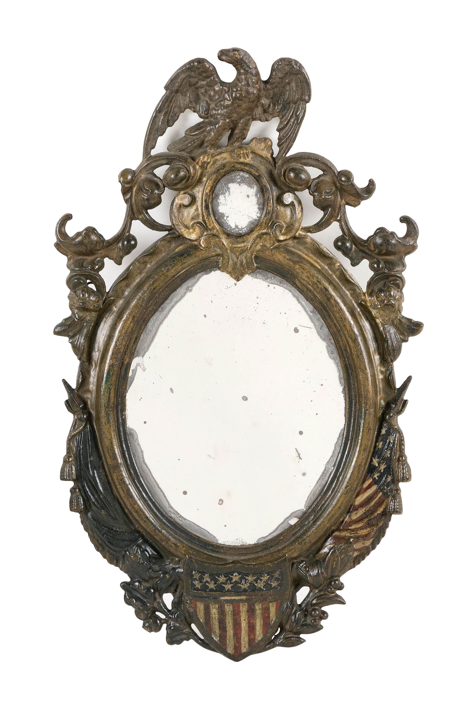 PATRIOTIC CAST IRON MIRROR Patent Date 1862 Height 19.5”. (1 of 2)