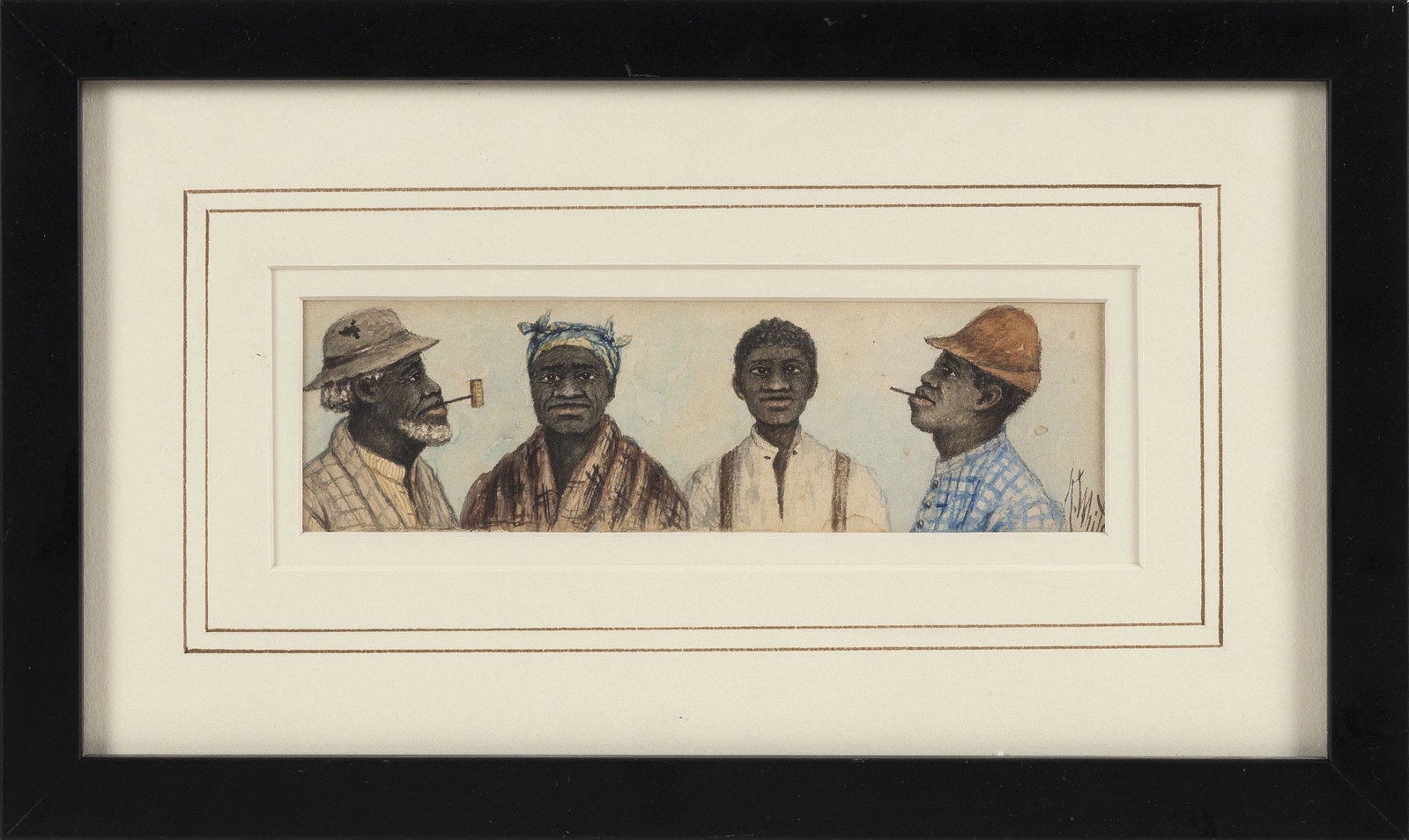 AMERICAN SCHOOL (20th Century,), Family portrait., Watercolor on paper, 2.25" x 8.5" sight. Framed: AMERICAN SCHOOL 20th Century Family portrait. Signed lower right "K. White". Watercolor on paper, 2.25" x 8.5" sight. Framed 9" x 15". Provenance: Skinner, Inc., Sale 235