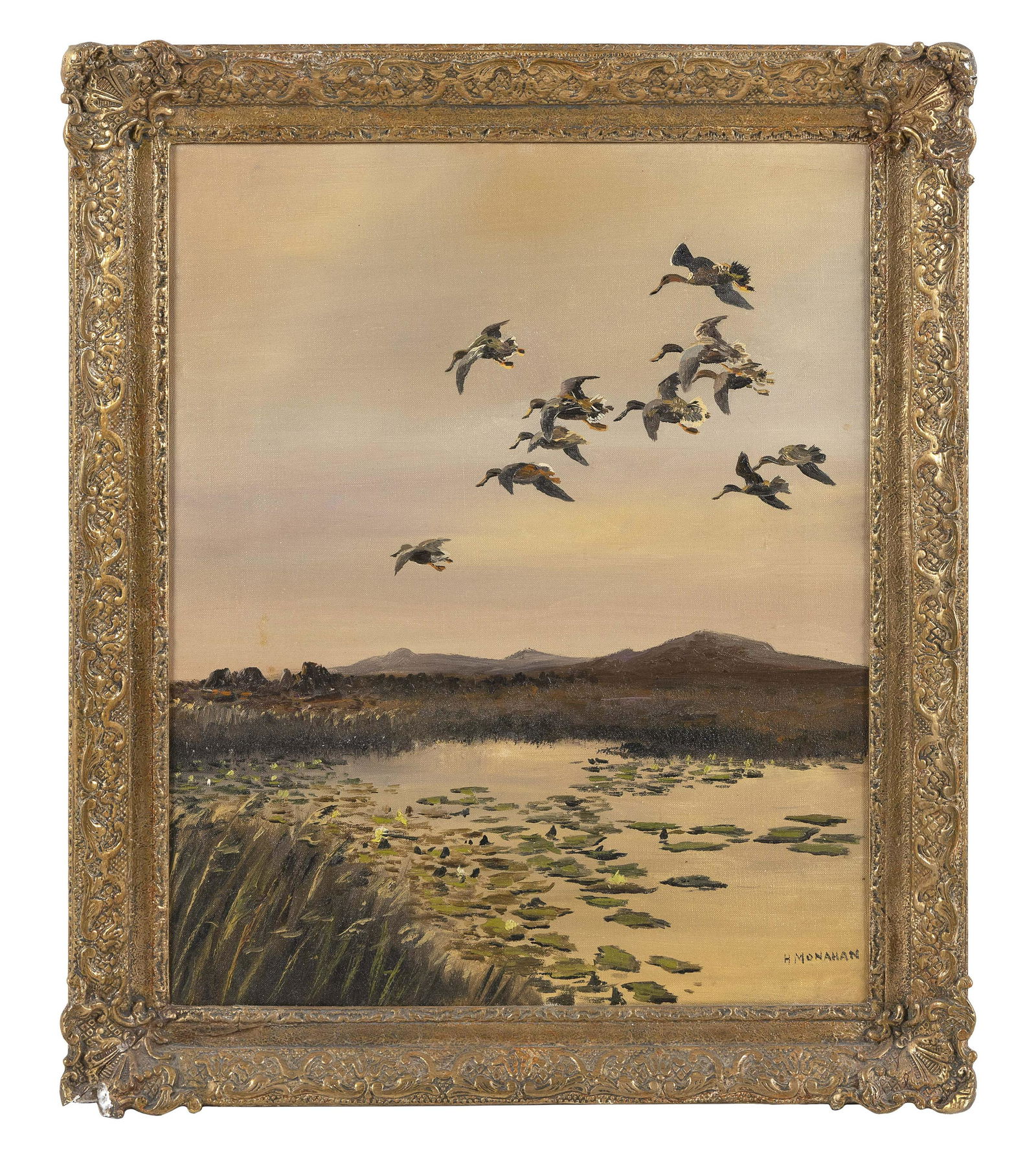 HUGH CECIL CHARLES MONAHAN (Canada/Ireland/England, 1914-1970), Flock of shoveler ducks in flight., (1 of 1)