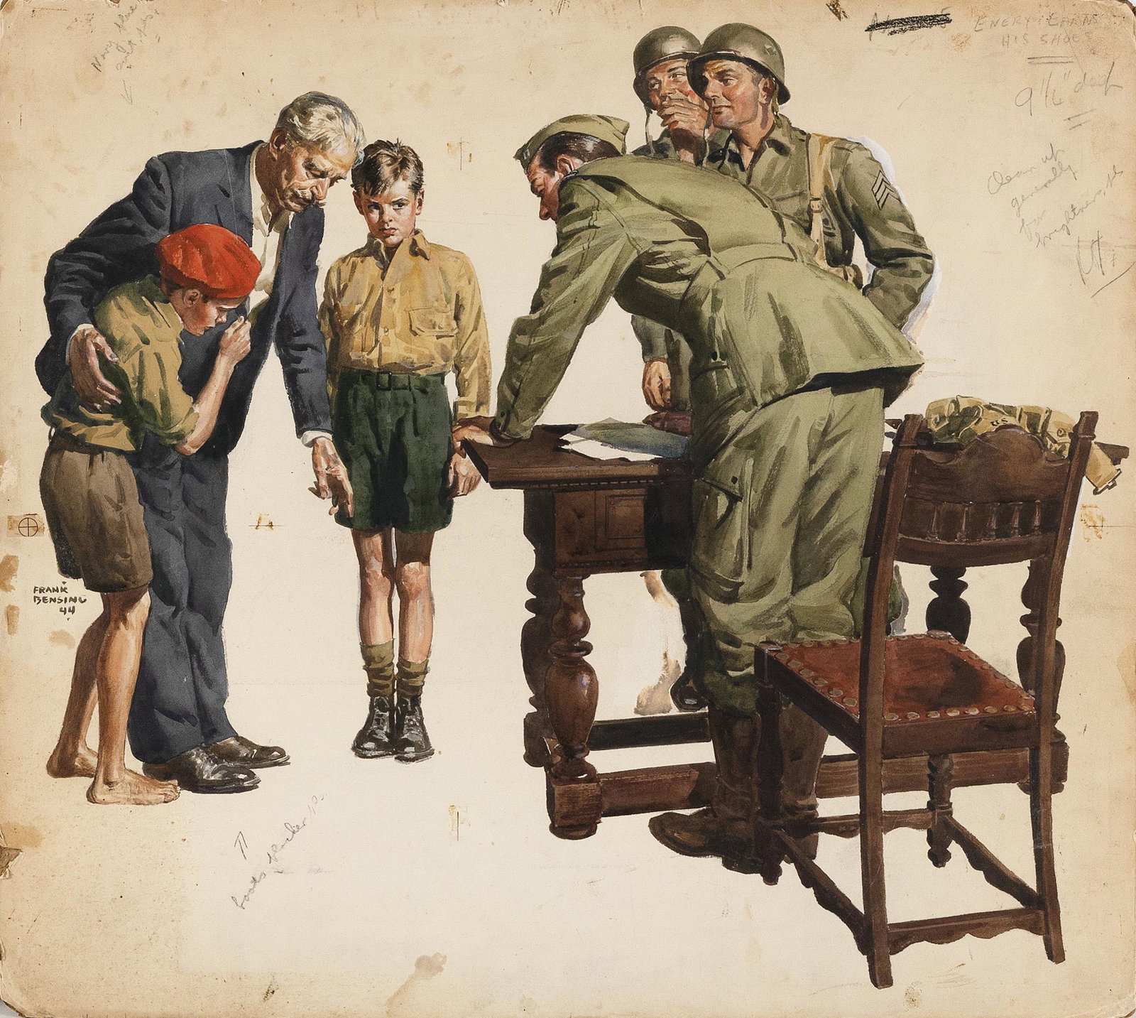 FRANK BENSING (New York/Illinois, 1893-1983), "Enery Earns His Shoes", 1944., Oil on board, 21" x: FRANK BENSING New York/Illinois, 1893-1983 "Enery Earns His Shoes", 1944. Original illustration for a 1944 syndicated newspaper story by Leon Ware titled "Enery Earns His Shoes". S