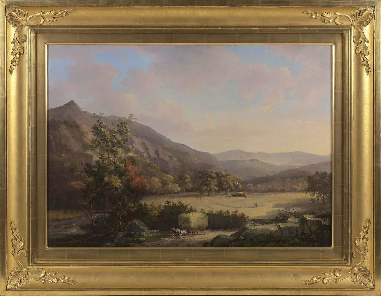 ATTRIBUTED TO JOHN WHITE ALLEN SCOTT (Massachusetts, 1815-1907), “Haying Near Mt.: ATTRIBUTED TO JOHN WHITE ALLEN SCOTTMassachusetts, 1815-1907“Haying Near Mt. Chocorua”. Titled on label verso for Vose Galleries, Boston.Oil on canvas, 22” x 30”. Framed 31R