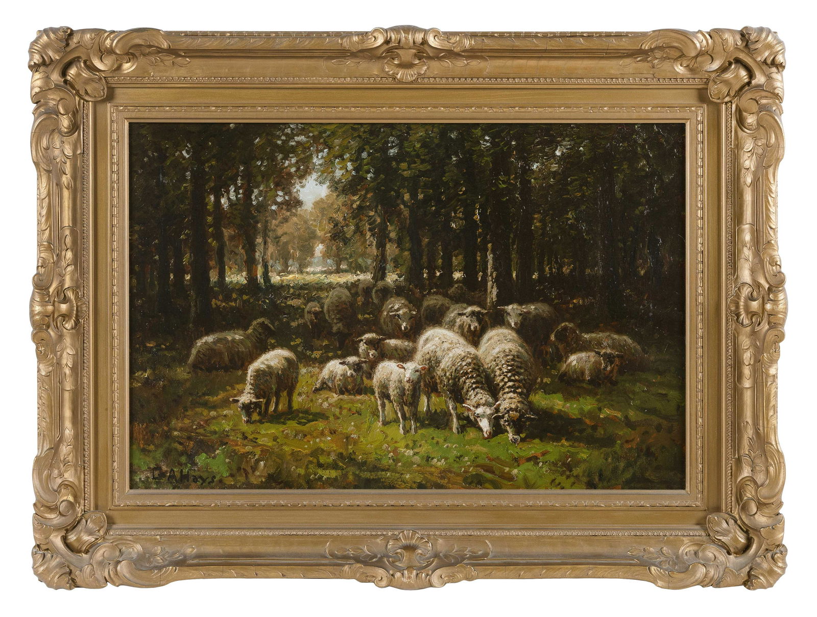 GEORGE ARTHUR HAYS (Rhode Island/Massachusetts/New Hampshire, 1854-1945), “Sheep Edge of Woods (1 of 2)