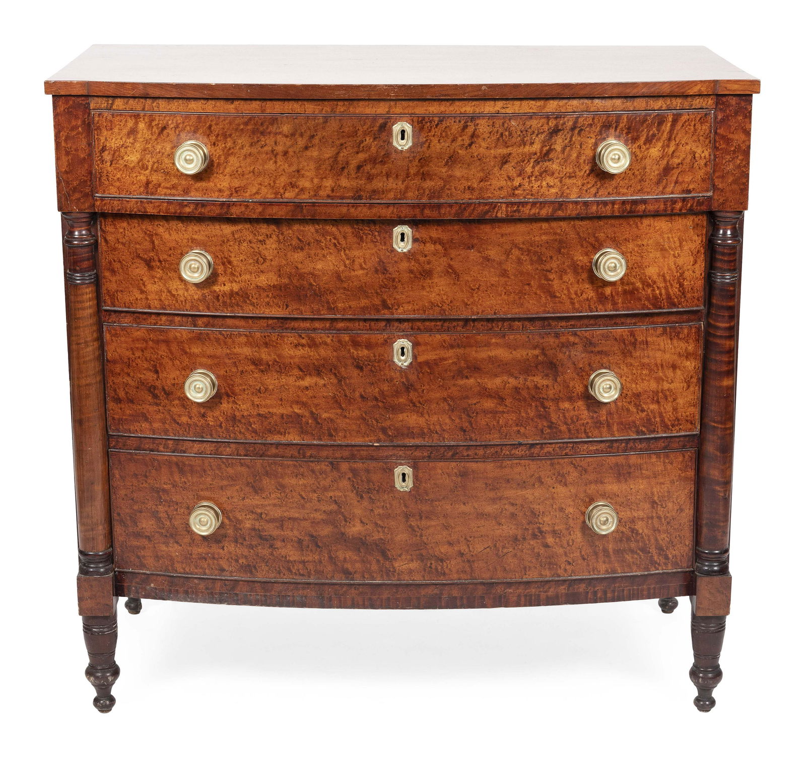 SHERATON BOWFRONT BUREAU Massachusetts, Circa 1810 Height 41.5”. Width 42.5”. Depth (1 of 1)