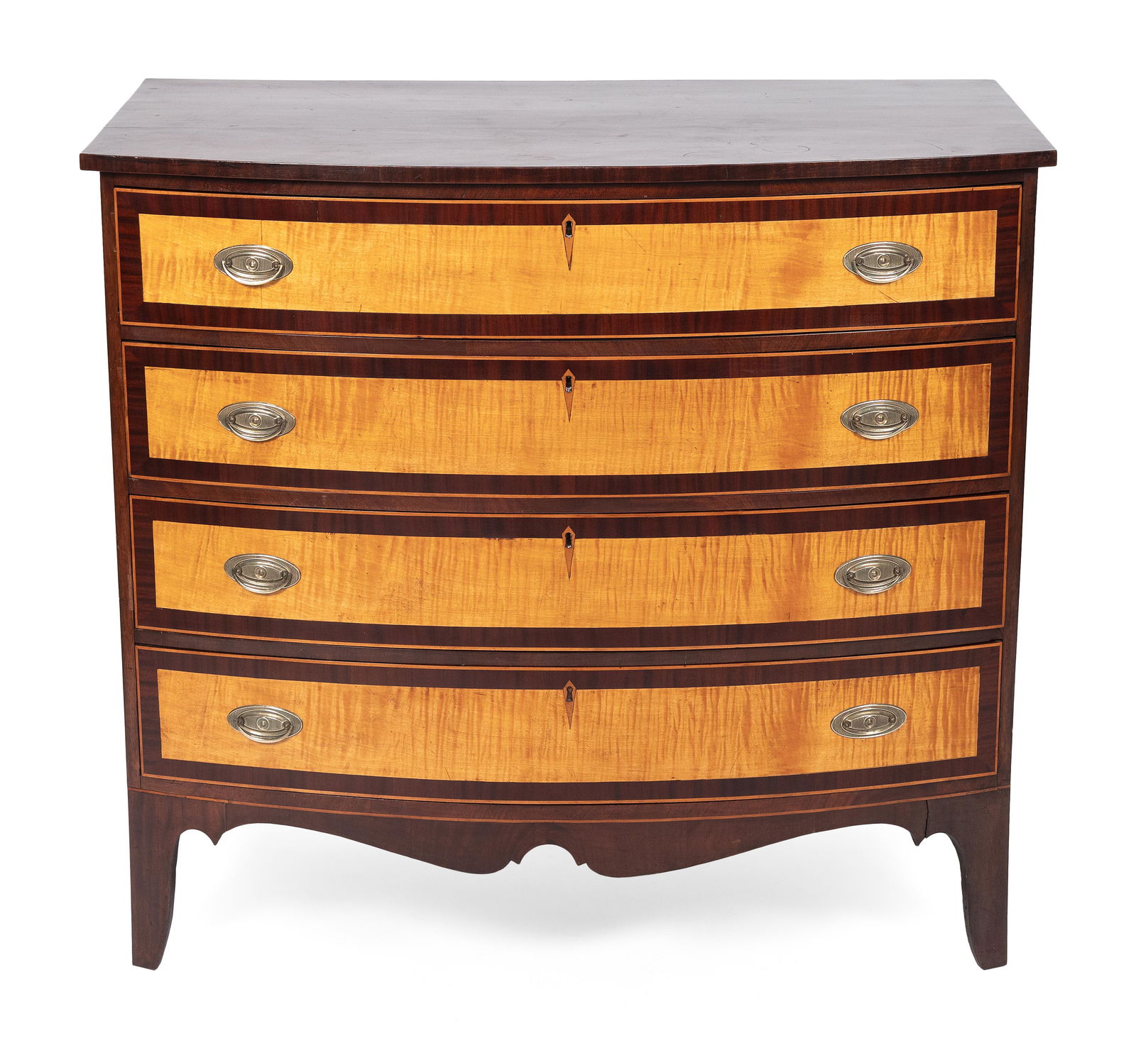 HEPPLEWHITE BOWFRONT BUREAU Early 19th Century Height 38”. Width 41”. Depth 22”. (1 of 3)