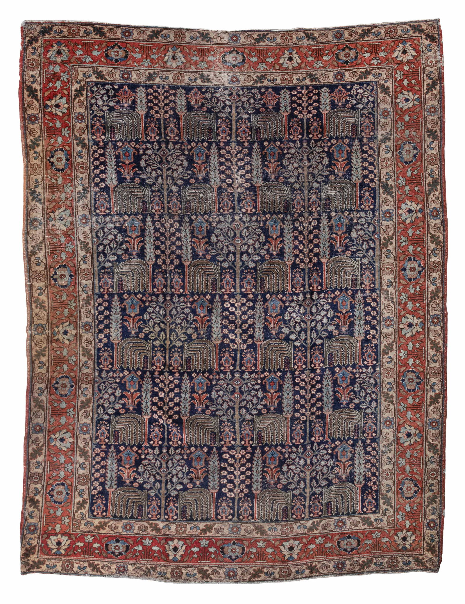 BAKHSHAISH RUG: 8’6” X 11’7” Circa 1910-1920: BAKHSHAISH RUG: 8’6” X 11’7”Circa 1910-1920Traditional red, light blue and olive green cypress, willow and deciduous trees amidst stylized marine blue blossoms are arranged in