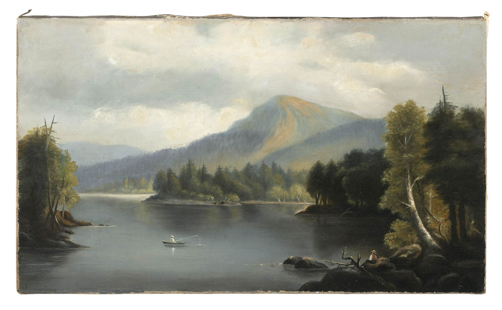 AMERICAN SCHOOL (19th Century,), Boaters on a mountain lake, probably Lake George., Oil on canvas, (1 of 2)