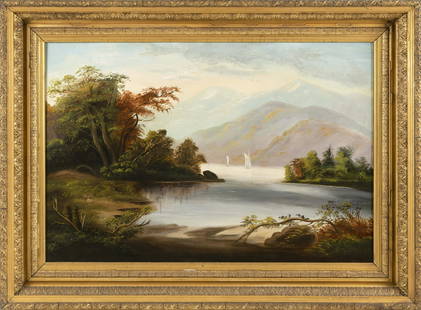 HUDSON RIVER SCHOOL (19th Century,), Sailboats on a mountain river., Oil on canvas, 21.25" x 31.25".: HUDSON RIVER SCHOOL19th CenturySailboats on a mountain river. Unsigned. Aaron Draper Shattuck keys.Oil on canvas, 21.25" x 31.25". Framed 29" x 39".