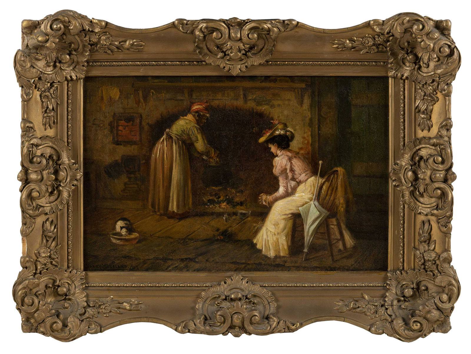 HARRY HERMAN ROSELAND (New York, 1866/68-1950), Interior scene with two women by a fire., Oil on (1 of 2)