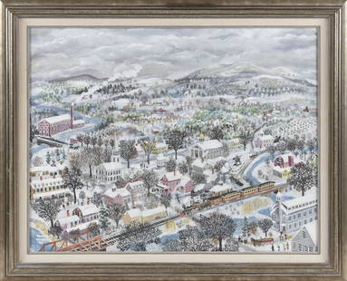 MAXWELL MAYS (Rhode Island, 1918-2009), City in winter, likely Providence, Rhode Island., Oil on: MAXWELL MAYSRhode Island, 1918-2009City in winter, likely Providence, Rhode Island. Signed and dated lower left â€œMaxwell Mays '90”.Oil on canvas, 22” x 28”. Framed 27.5”