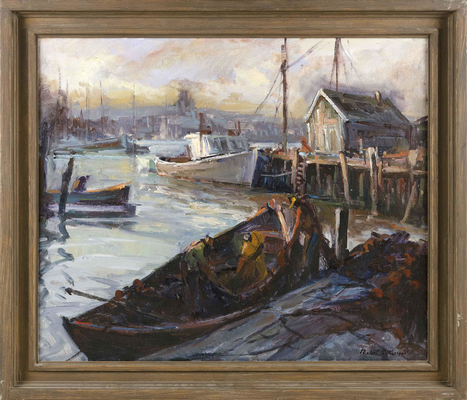 ROBERT CHARLES GRUPPE (Massachusetts, b. 1944), North Shore harbor scene., Oil on canvas, 25" x 30". (1 of 2)
