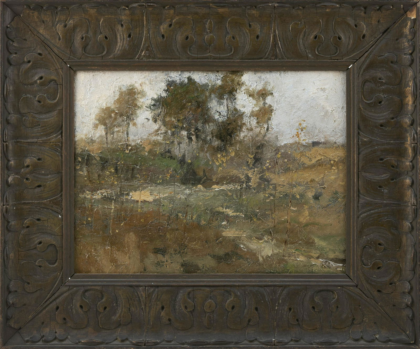 ATTRIBUTED TO CHAUNCEY FOSTER RYDER (New York/New Hampshire, 1868-1949), Fall landscape., Oil on: ATTRIBUTED TO CHAUNCEY FOSTER RYDERNew York/New Hampshire, 1868-1949Fall landscape. Unsigned.Oil on board, 10” x 13.5”. Framed 16.5” x 19.5”.