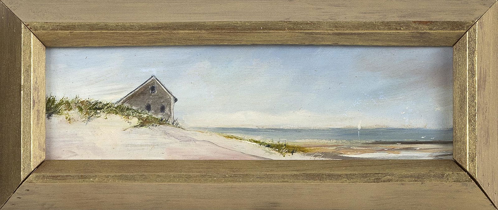 ANNE PACKARD (Massachusetts/New Jersey, b. 1933), "Sea Scene"., Oil on board, 2.5" x 8". Framed 4" x: ANNE PACKARDMassachusetts/New Jersey, b. 1933"Sea Scene". Signed lower center "A. Packard". Titled on label verso for the Sidney Rothman Gallery, Barnegat Light, New Jersey, Twenti