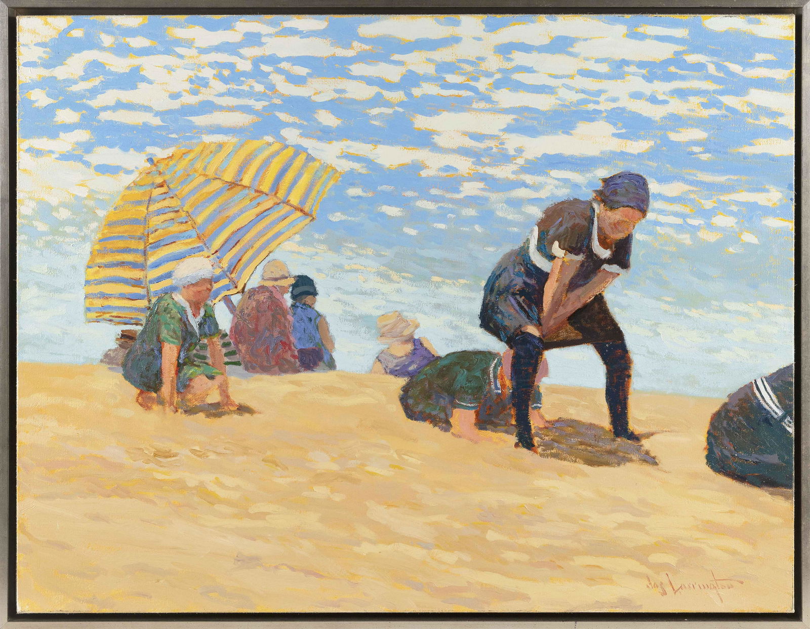 JAMES HARRINGTON (New York, b. 1929), Beach scene with figures and an umbrella., Oil on canvas, 28" (1 of 1)