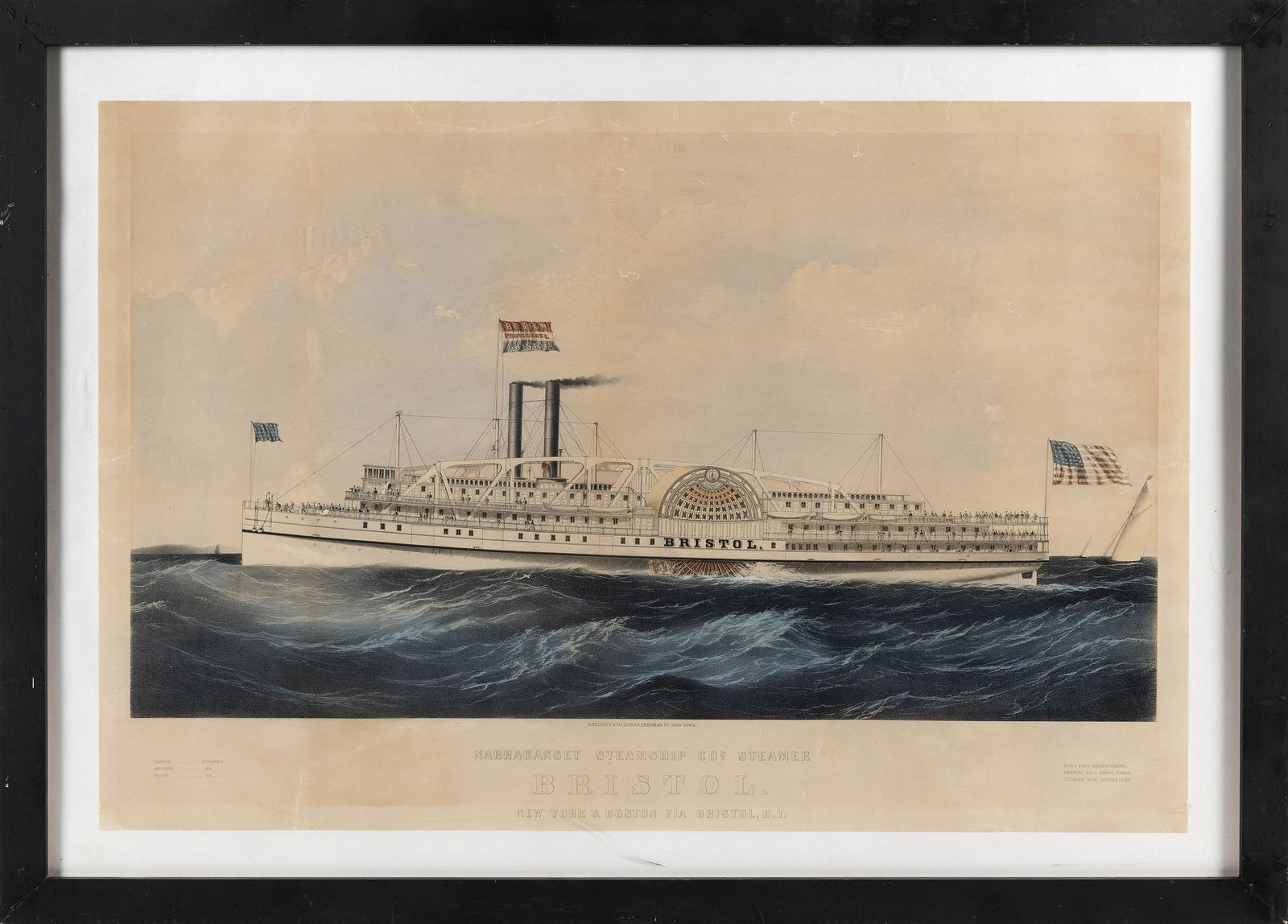 ENDICOTT & CO. HAND-COLORED LITHOGRAPH "NARRAGANSETT STEAMSHIP CO'S STEAMER BRISTOL" Sheet size (1 of 2)