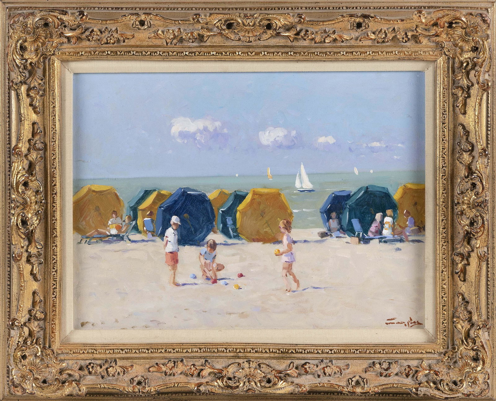 NIEK VAN DER PLAS (The Netherlands, b. 1954), Beach scene with umbrellas, likely Nantucket., Oil on (1 of 3)