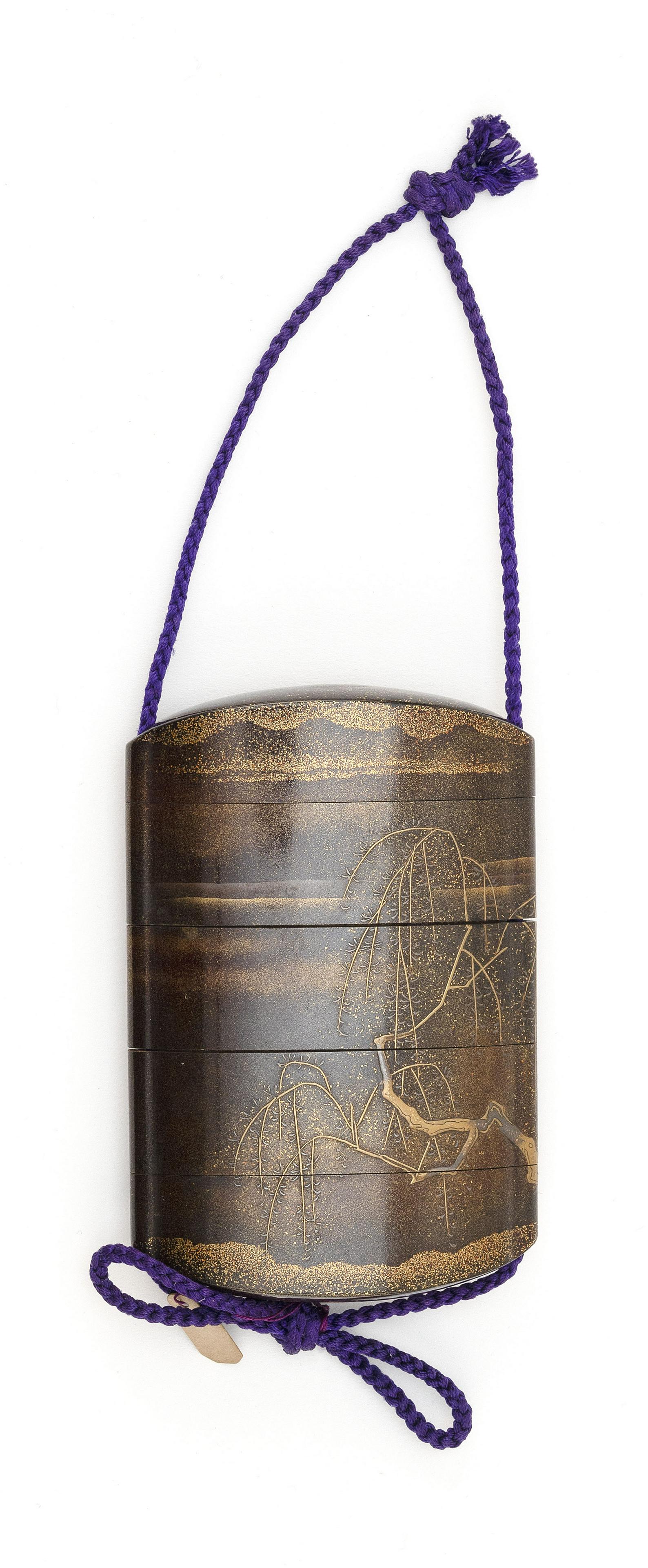 JAPANESE BLACK AND GOLD LACQUER FIVE-CASE INRO Meiji Period Length 8.25”. (1 of 6)