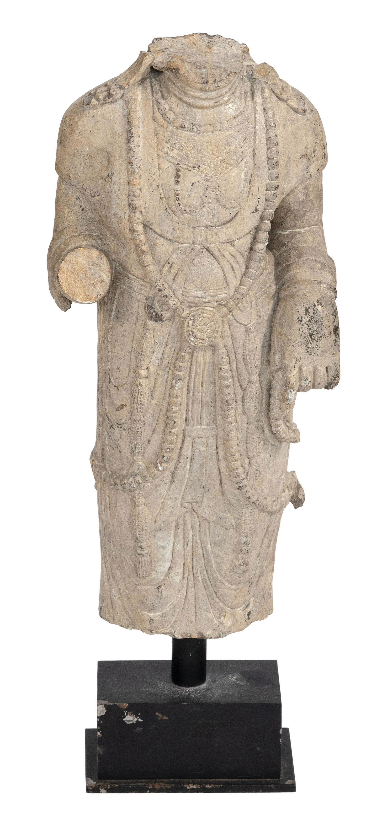 CARVED SANDSTONE BODHISATTVA TORSO Stone height 22.5". (1 of 6)
