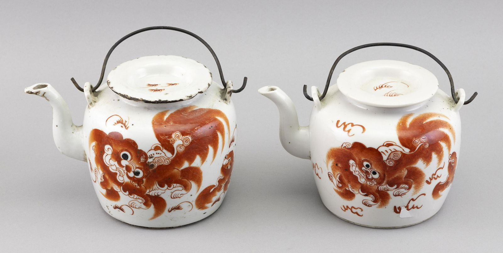 PAIR OF CHINESE PORCELAIN TEAPOTS Late 19th Century Heights 5”. Lengths across handle to spout (1 of 6)