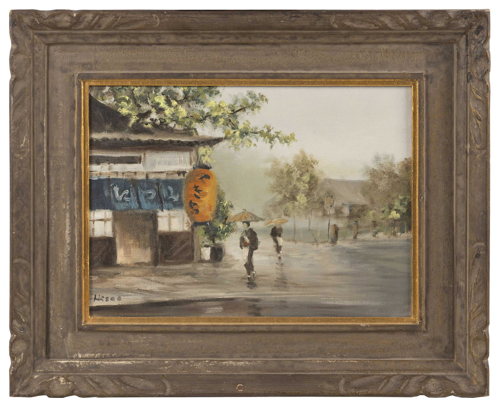 WESTERN SCHOOL (Japan, 20th Century), Figures in the rain., Oil on canvas, 9.5" x 13". Framed 15" x (1 of 2)