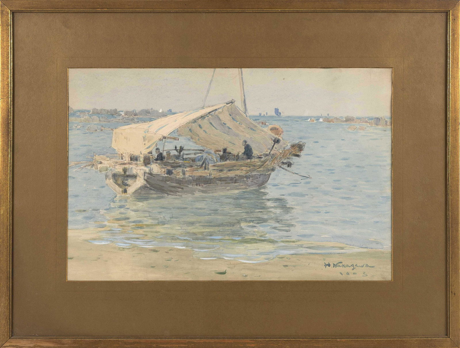 HACHIRO NAKAGAWA (Massachusetts/Japan, 1877-1922), Figures in a boat., Watercolor on paper, 12" x (1 of 2)