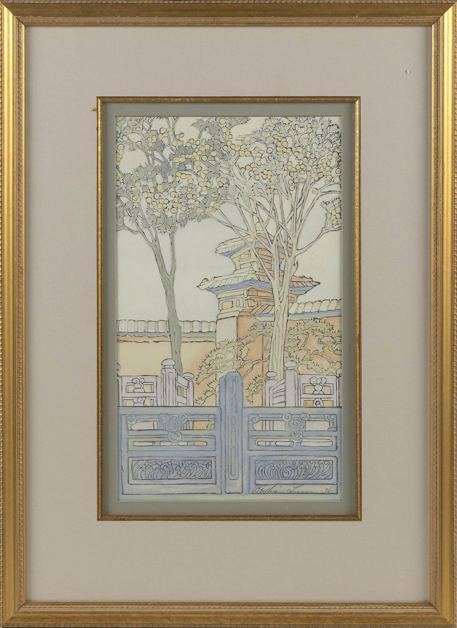 BERTHA BOYNTON BULL LUM (America, 1860-1954), Palace gates., Mixed media on paper, 14" x 8" sight. (1 of 2)