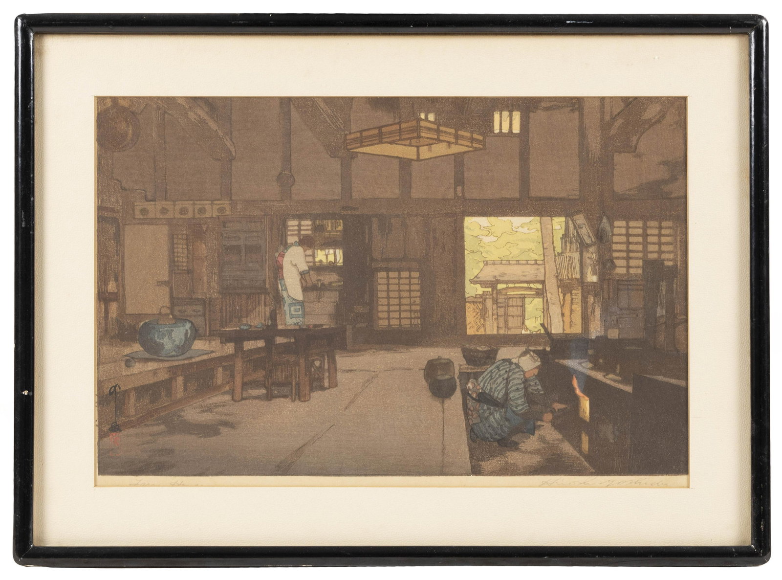 HIROSHI YOSHIDA (Japan, 1876-1950), “Farm House”., Woodblock print, oban yoko-e,: HIROSHI YOSHIDA Japan, 1876-1950 “Farm House”. Signed in pencil lower right. Titled lower left. Woodblock print, oban yoko-e, 10” x 14.5” sight. Framed 14” x 18.5”.