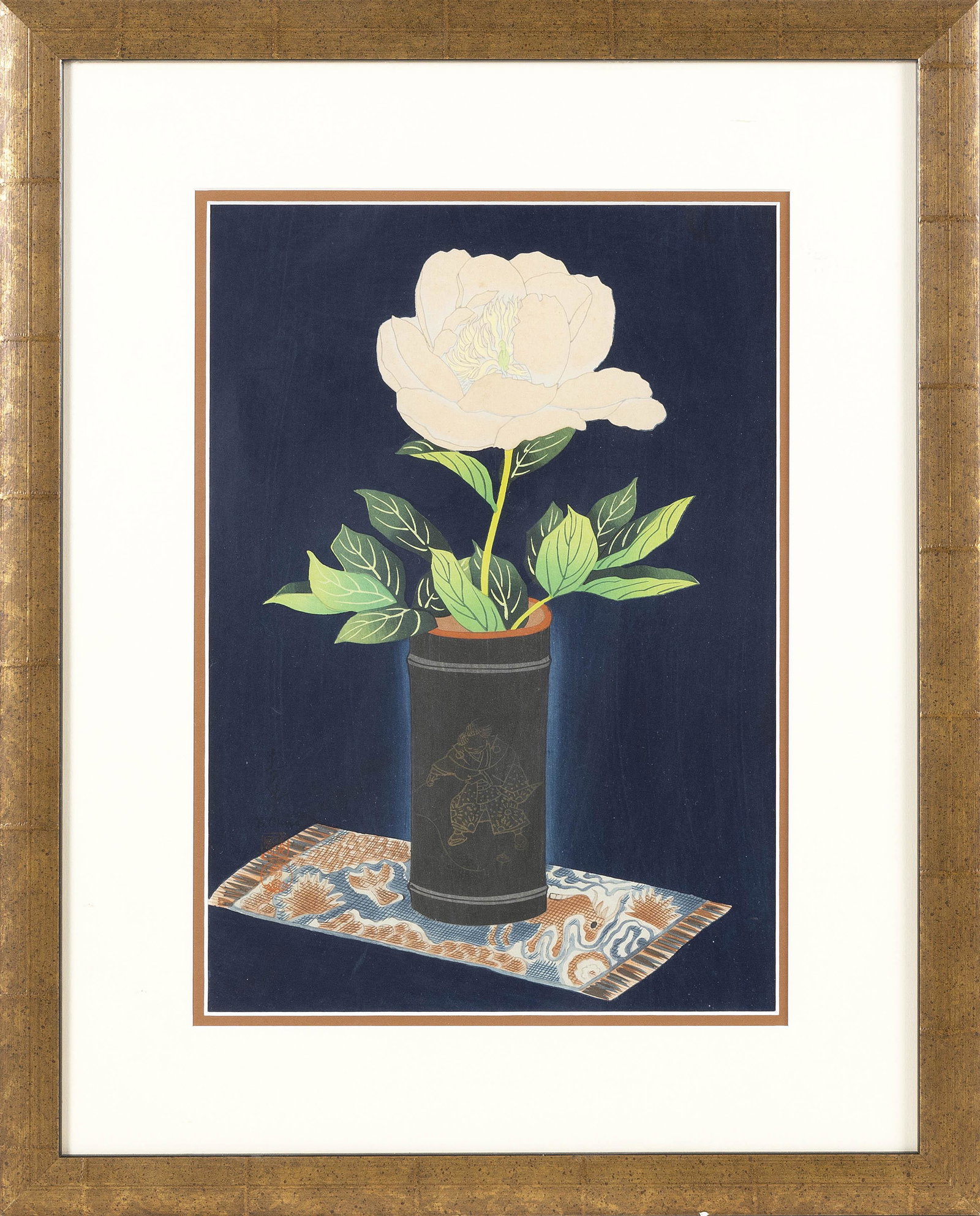 BAFUKO OHNO (Japan, 1888-1976), Peony in bamboo vase., Woodblock print, oban tate, 15” x (1 of 2)