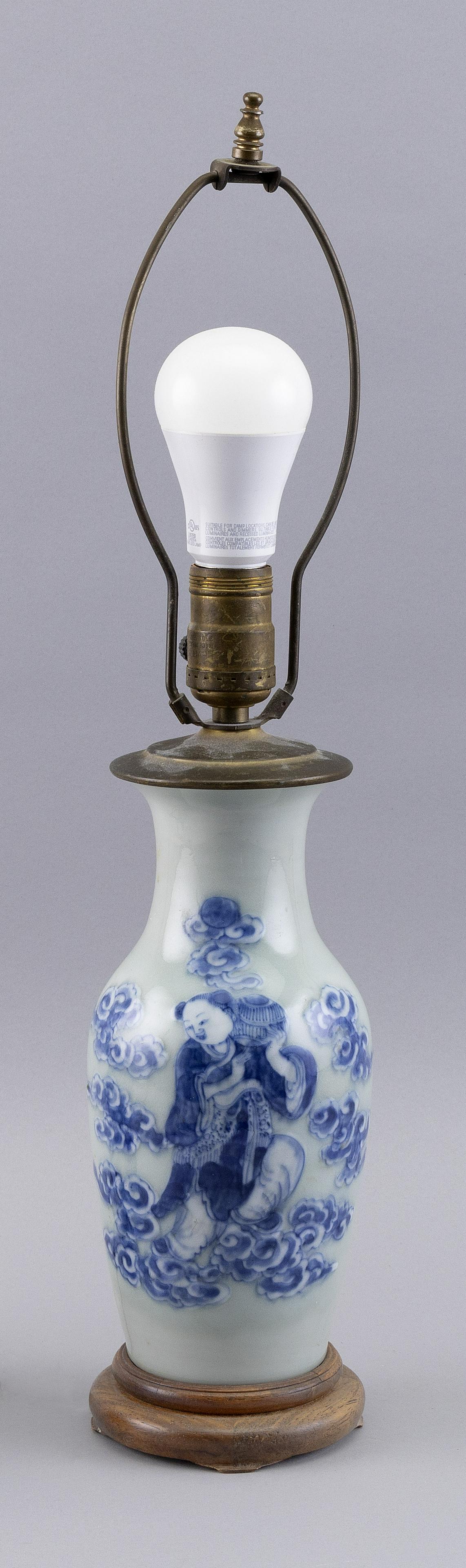 CHINESE BLUE AND WHITE-ON-CELADON PORCELAIN VASE Late 19th Century Height 9.5”. Mounted as a (1 of 2)