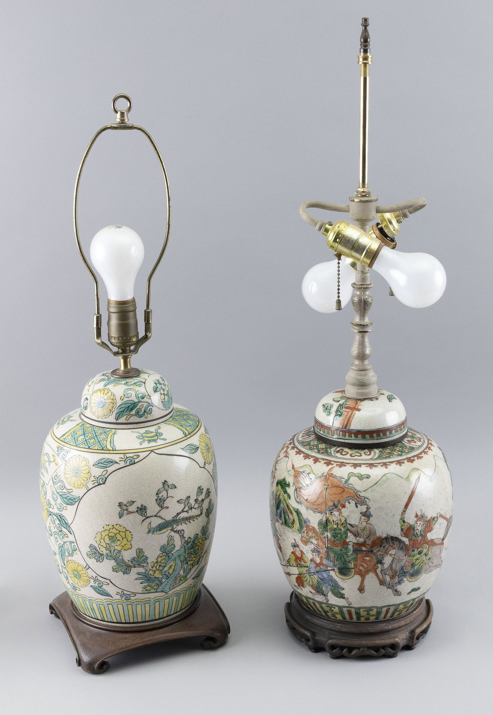 TWO CHINESE POLYCHROME PORCELAIN GINGER JARS Late 19th/Early 20th Century Both mounted as table (1 of 4)