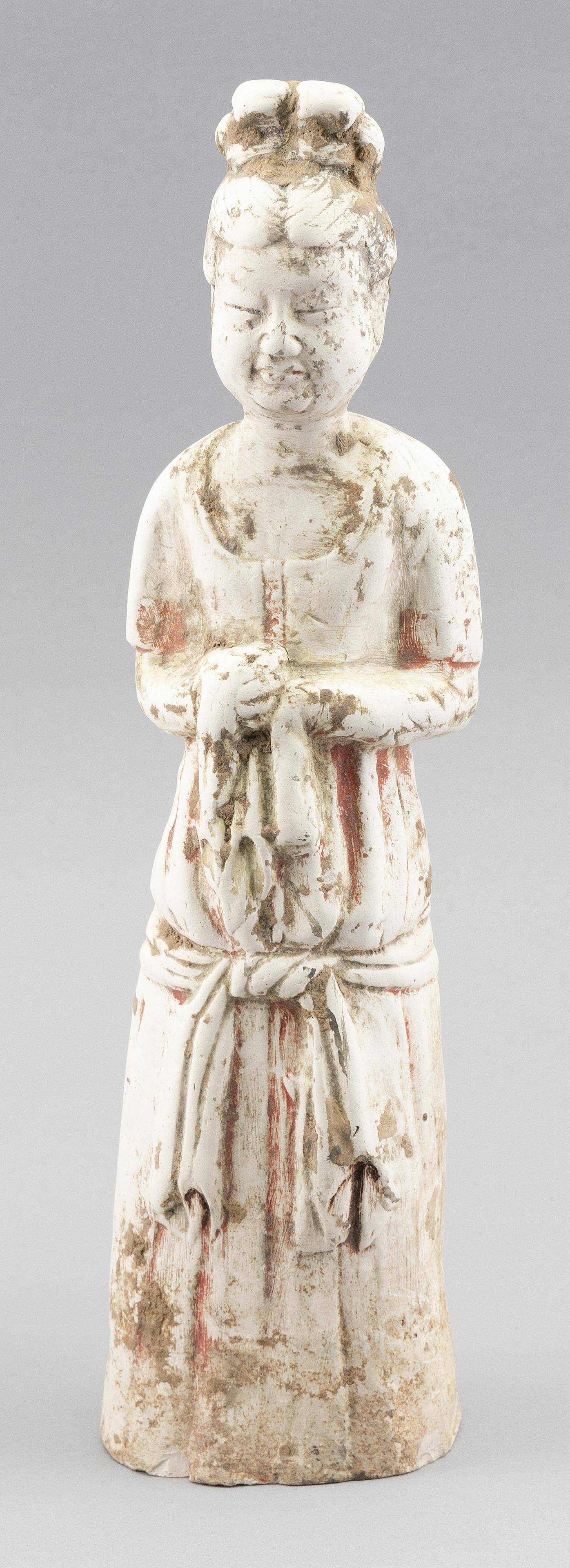 CHINESE PAINTED BUFF POTTERY FIGURE OF A STANDING MAIDEN Tang Dynasty Height 13". (1 of 4)