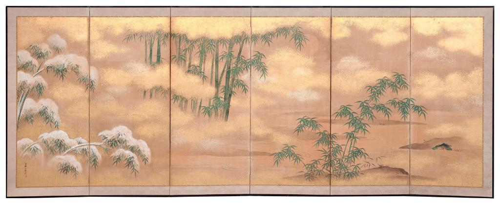 JAPANESE KANO SCHOOL SIX-PANEL SCREEN Edo Period Height 48". Length 126". (1 of 9)