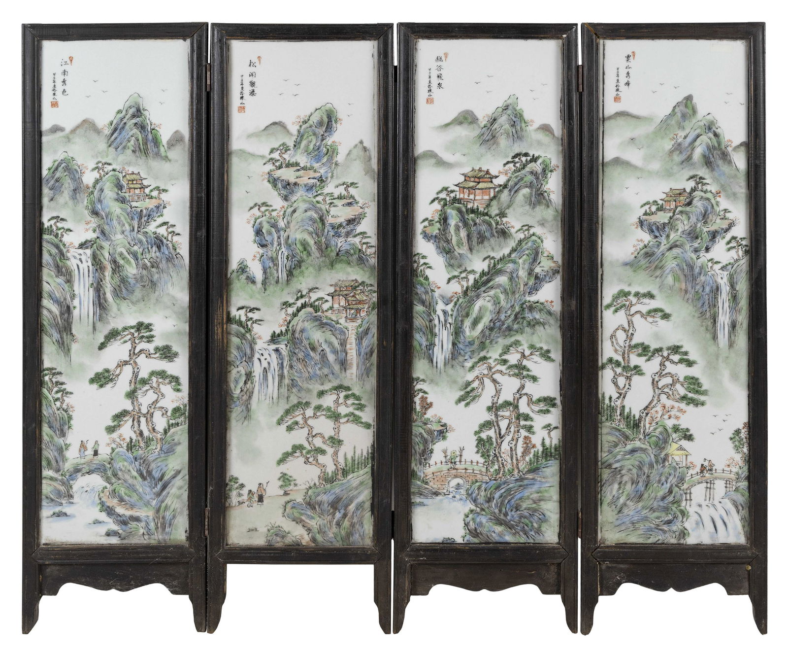 CHINESE FAMILLE VERTE PORCELAIN FOUR-PANEL SCREEN 19th Century Height 35”. Length open (1 of 10)