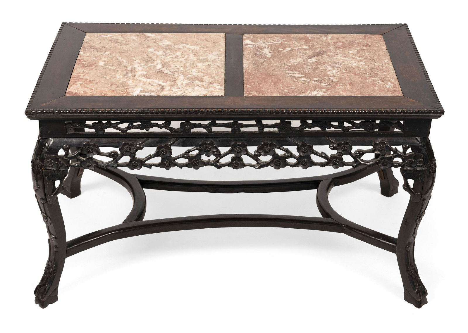CHINESE LOW TABLE WITH ROUGE MARBLE TOP Height 20.5”. Length 36”. Width 21”. (1 of 1)