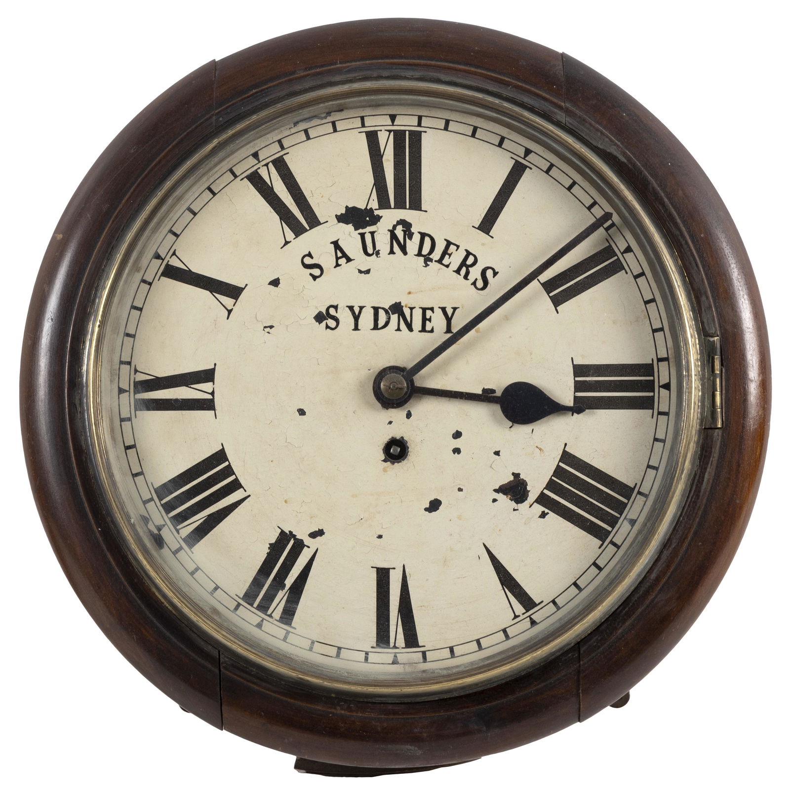 SAUNDERS TRAIN STATION WALL CLOCK Australia, Late 19th Century Diameter 15". Depth 6". (1 of 4)
