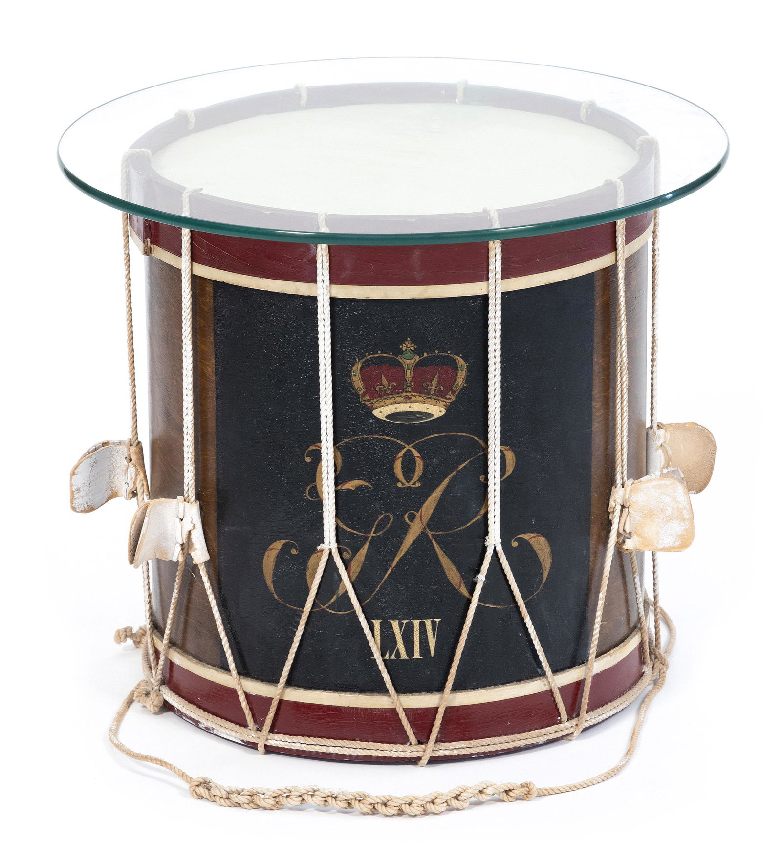 DRUM-FORM TABLE 20th Century Height 19”. Top diameter 19.5”.: DRUM-FORM TABLE20th CenturyGlass top. Decorated with initials and a crown.Height 19”. Top diameter 19.5”.