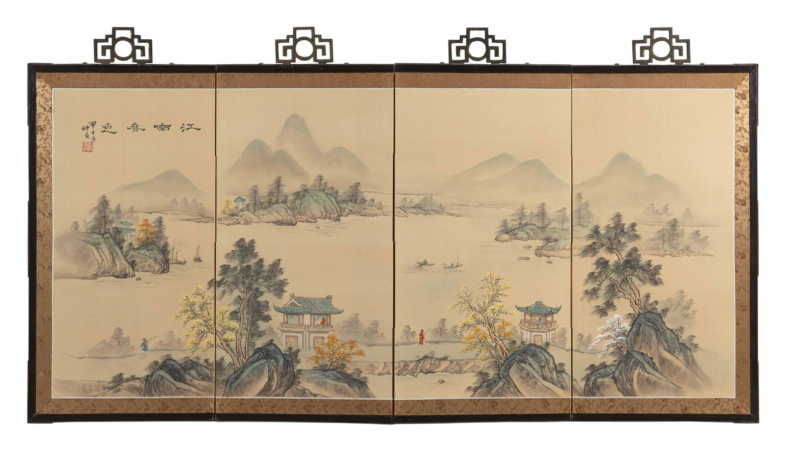 JAPANESE FOUR-PANEL PAINTED TEA SCREEN 20th Century Height 23". Length 48". (1 of 1)